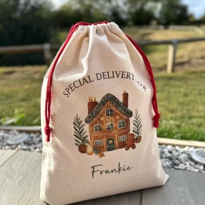 Personalised large linen Gingerbread house Santa Sack