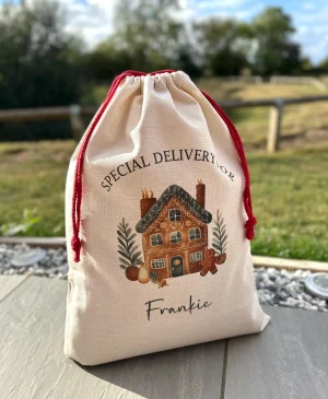 Personalised large linen Gingerbread house Santa Sack
