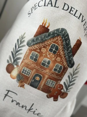 Personalised large linen Gingerbread house Santa Sack - Image 3