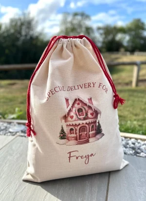 Personalised large linen Gingerbread house Santa Sack - Image 2