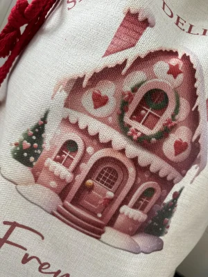 Personalised large linen Gingerbread house Santa Sack - Image 4
