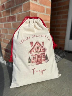 Personalised large linen Gingerbread house Santa Sack - Image 7